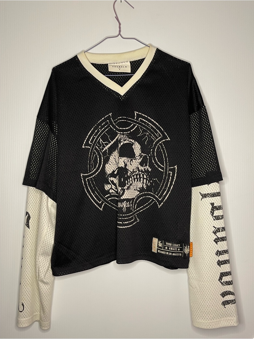 YoungLA Black and Cream Layered Skull V-Neck Sweater